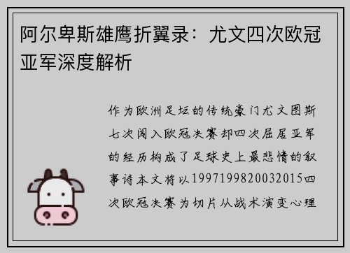 阿尔卑斯雄鹰折翼录：尤文四次欧冠亚军深度解析