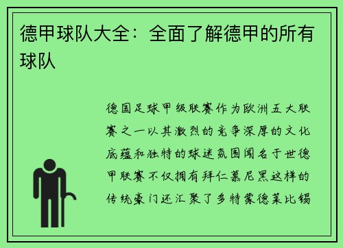 德甲球队大全：全面了解德甲的所有球队