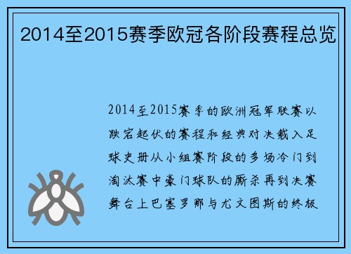 2014至2015赛季欧冠各阶段赛程总览