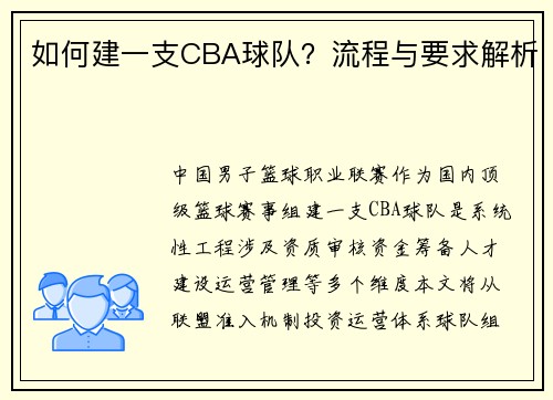 如何建一支CBA球队？流程与要求解析